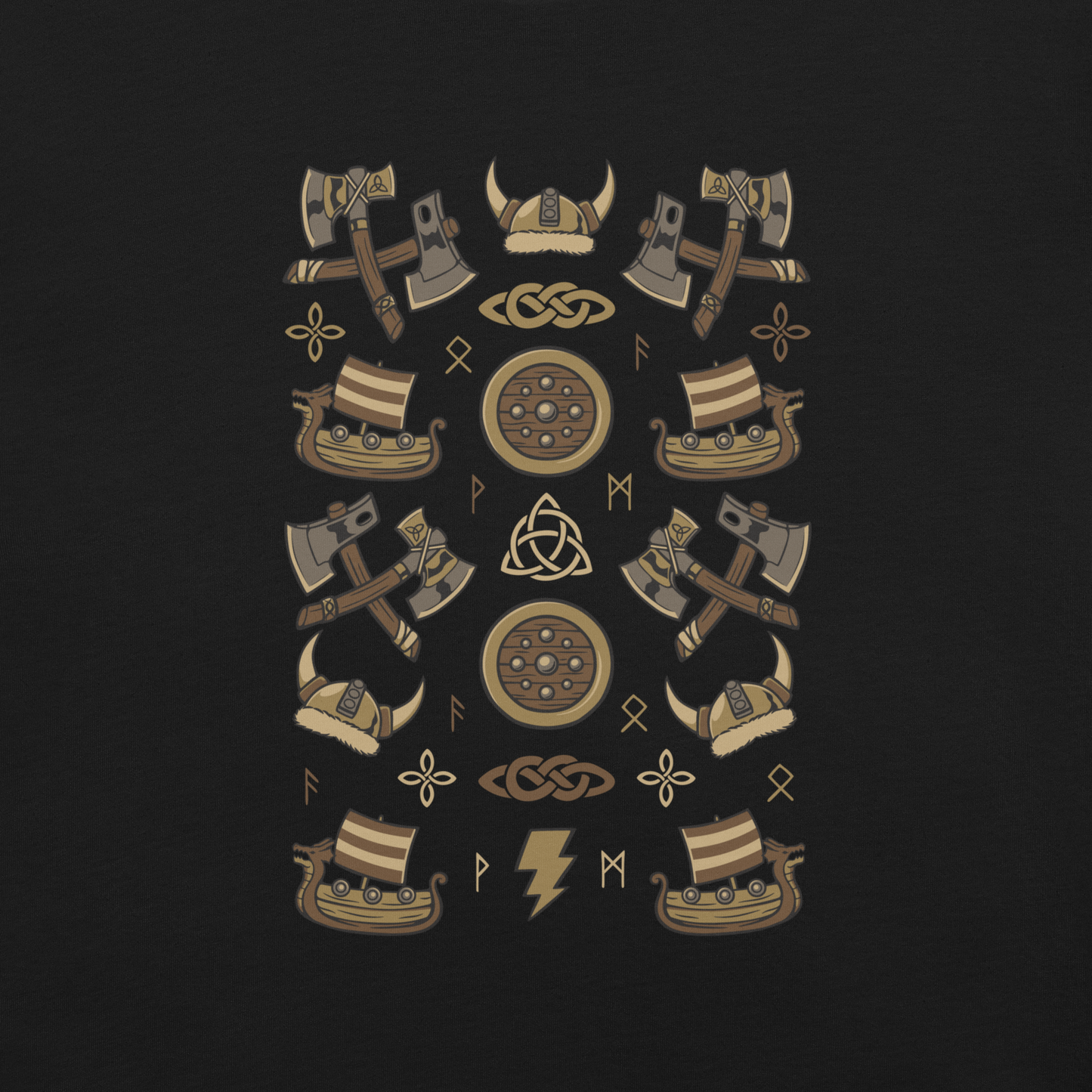 The artwork features a symmetrical illustration with axes, wooden shields, Viking helmets, longships, and runes in earthy tones on a dark background. Each element reinforces the classic Nordic aesthetic, blending iconic symbols with a detailed and super harmonious cartoon style. Perfect for fans of Viking culture, Norse mythology, RPGs, and anyone who loves prints with an epic and stylized vibe.
