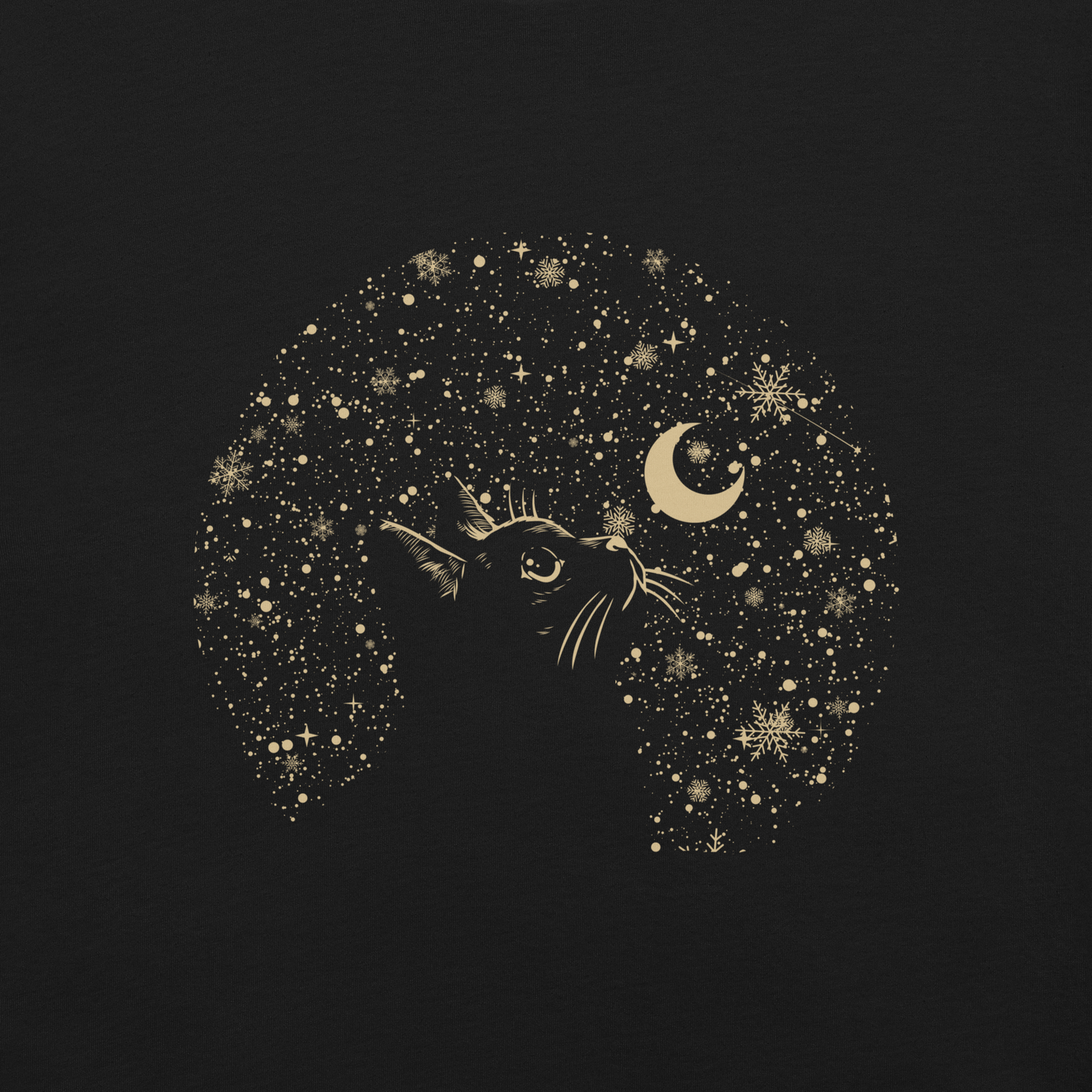 A minimalist artwork featuring a kitten in profile, gazing at the crescent moon on a quiet, moonlit night. A poetic piece, perfect for those who love cats and a slightly melancholic winter atmosphere.