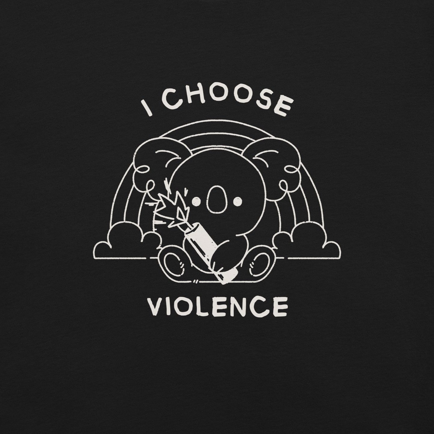 An adorable koala holding a stick of dynamite in front of a rainbow, paired with the phrase ‘I Choose Violence’. A playful mix of cuteness and dark irony, perfect for anyone who loves chaotic humor and bold, irreverent designs.