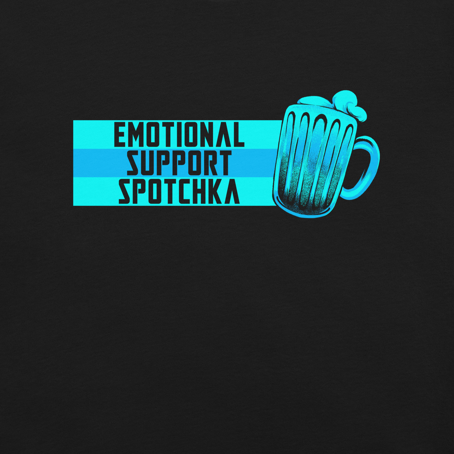 The design features a stylized mug filled with a frothy beverage, colored in vibrant shades of blue. Next to the mug, bold text reads 'EMOTIONAL SUPPORT SPOTCHKA'. The use of color and font style gives it a playful, pop-culture vibe, hinting at something fantastical or sci-fi influenced.
