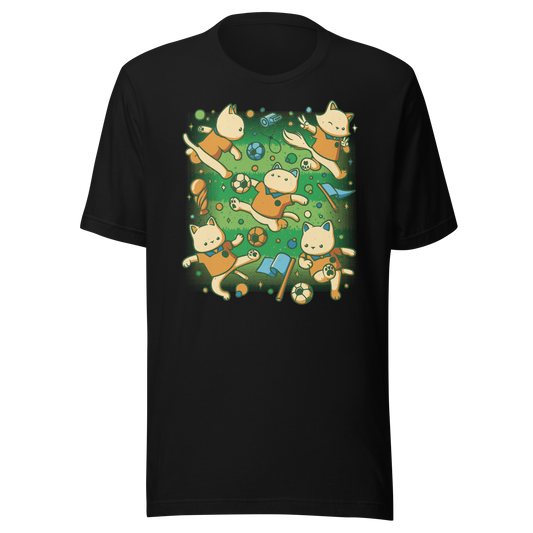 An artwork featuring several cats in soccer uniforms kicking a ball, surrounded by trophies, flags, and other football-inspired elements. A playful design perfect for cat lovers, soccer fans, and anyone who enjoys whimsical sports-themed art.