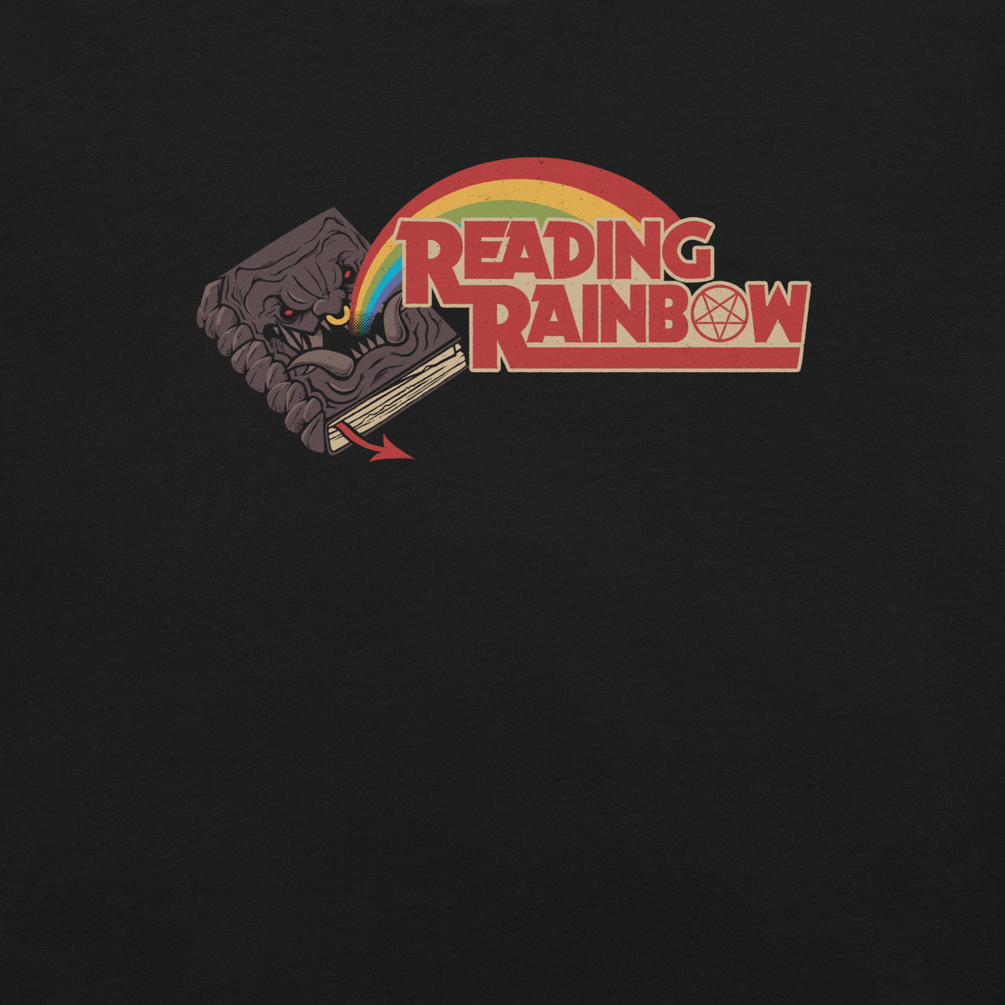 A bold and surreal illustration featuring a living, demonic book with a vibrant rainbow emerging from it, paired with the phrase “Reading Rainbow”. A pentagram subtly forms inside the letter O, adding an ironic and edgy twist. Perfect for book lovers, fantasy fans, and those who enjoy dark humour with a playful, graphic vibe.