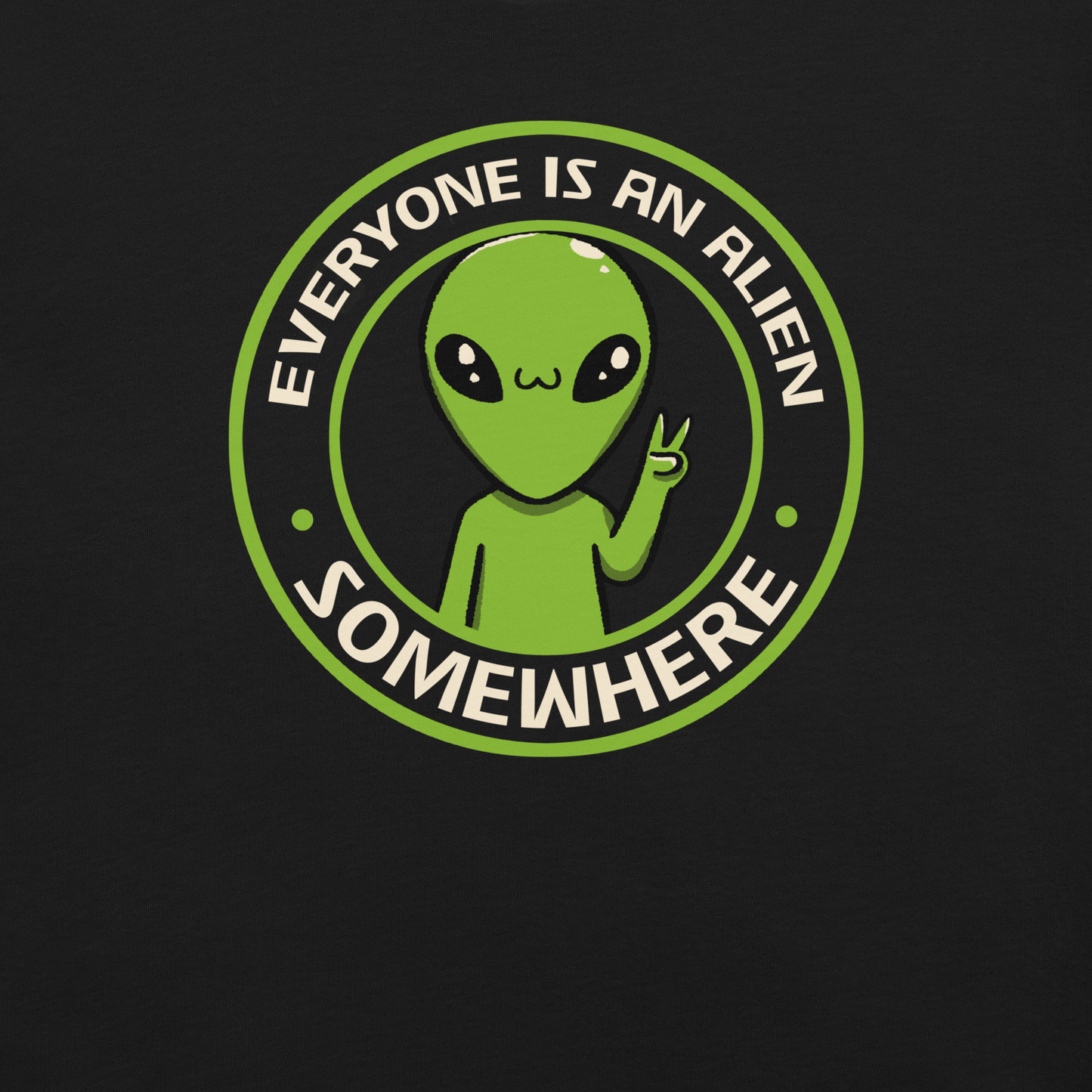 A stamp-style design of a green alien making a “V” sign, paired with the phrase “Everyone Is An Alien Somewhere”. A playful artwork about feeling different and embracing individuality.