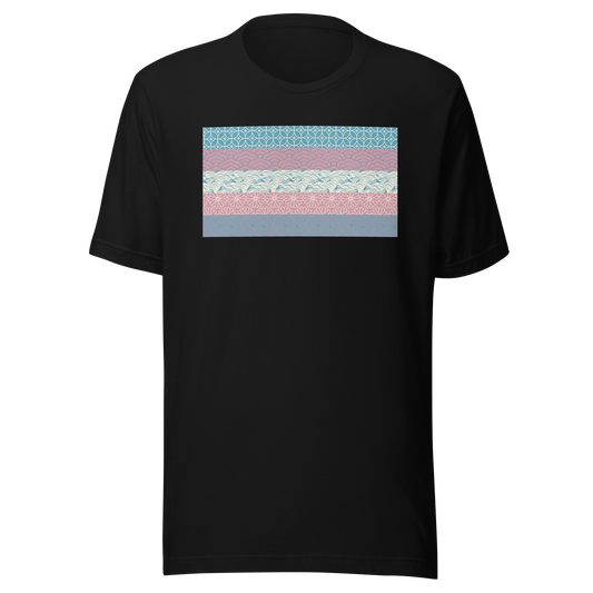 The transgender pride flag reimagined with a variety of textures across each stripe, creating a vibrant artistic take on this iconic symbol. A celebration of pride, visibility, inclusion, and self-expression.
