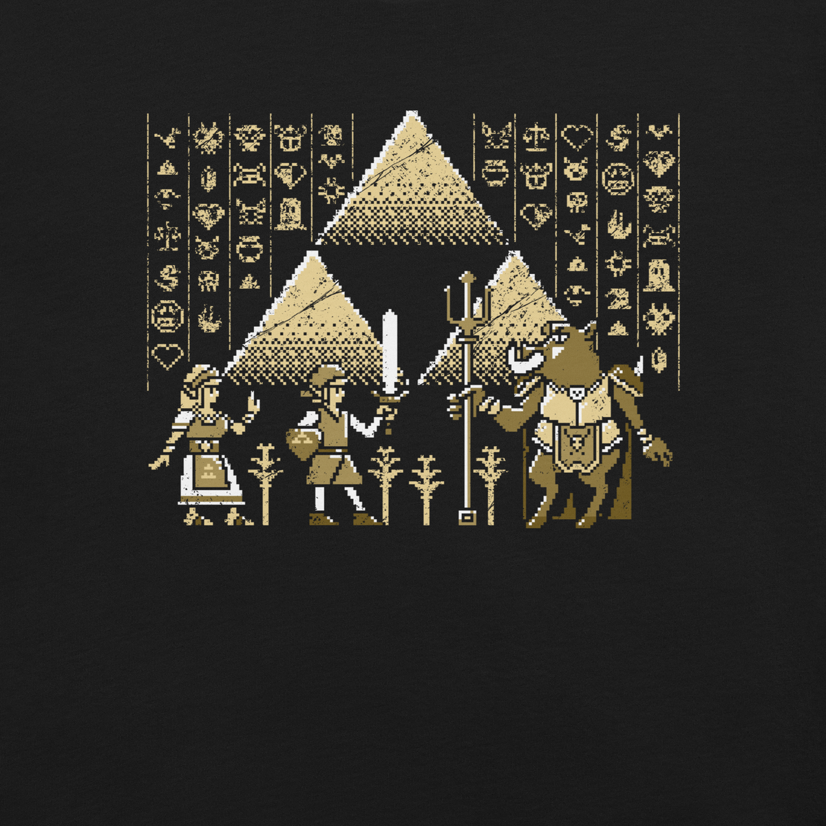 A pixel-style hero, princess, and beast clash in front of golden pyramids and mysterious symbols. This retro fantasy design blends ancient power with classic 8-bit vibes — perfect for old-school adventurers.