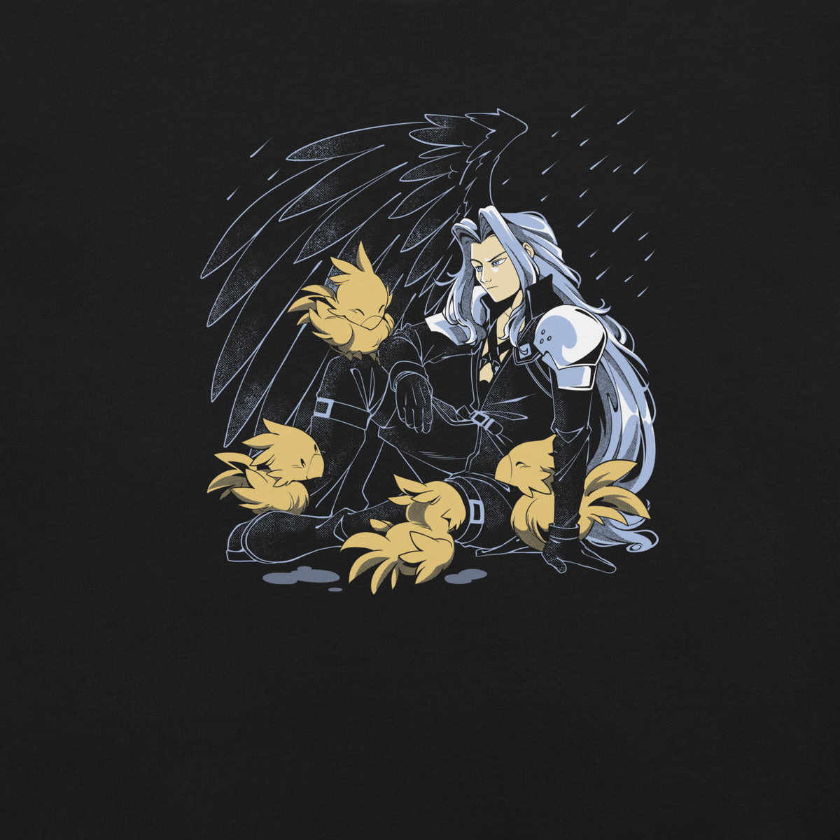 A silver-haired man in armor sits in the rain, surrounded by small yellow birds. A large wing spreads behind him as raindrops fall against the background.