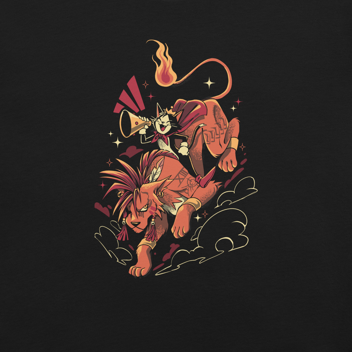 A fierce orange beast with spiky hair carries a small horn-blowing character in a red cape. A curling flaming tail, dramatic motion lines, stars, and swirling clouds create a bold fantasy adventure illustration.