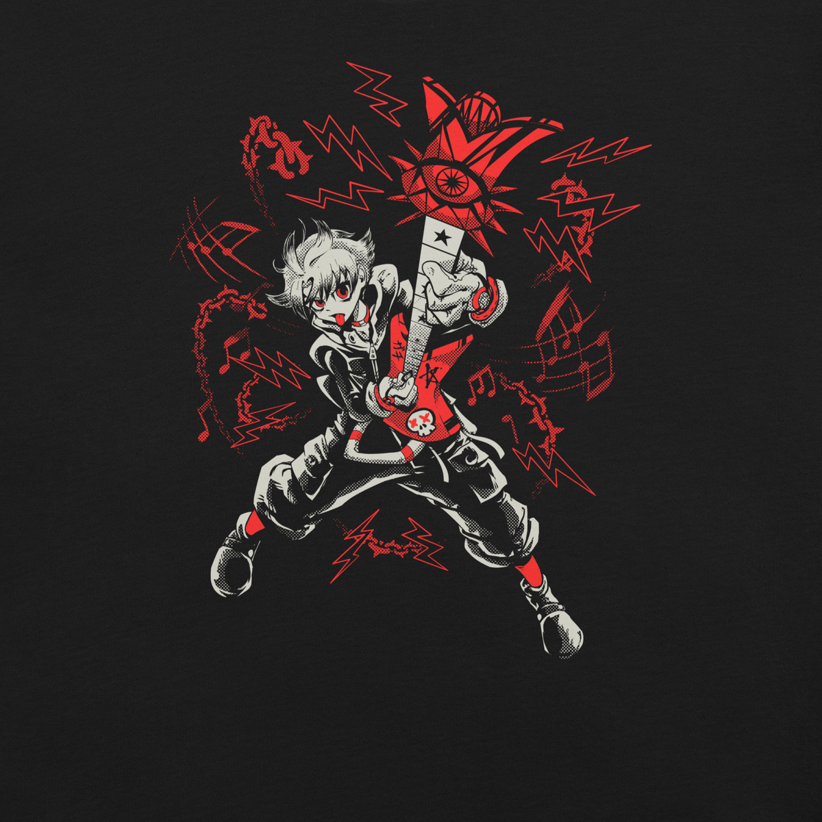A fierce punk-inspired guitarist plays a red electric guitar in a dynamic pose, surrounded by lightning bolts, musical notes, and bold red-and-white graphics. The high-contrast artwork conveys rebellious energy and intense rock attitude.
