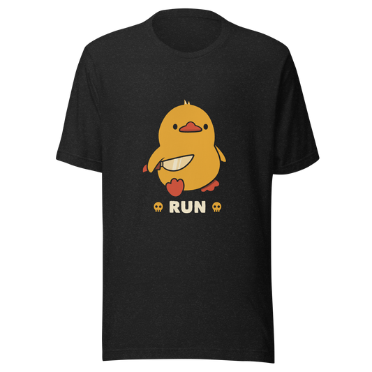 A cute yellow duck holding a small knife, with the text "Run" below it. This artwork blends humor with the ducks temperament.
