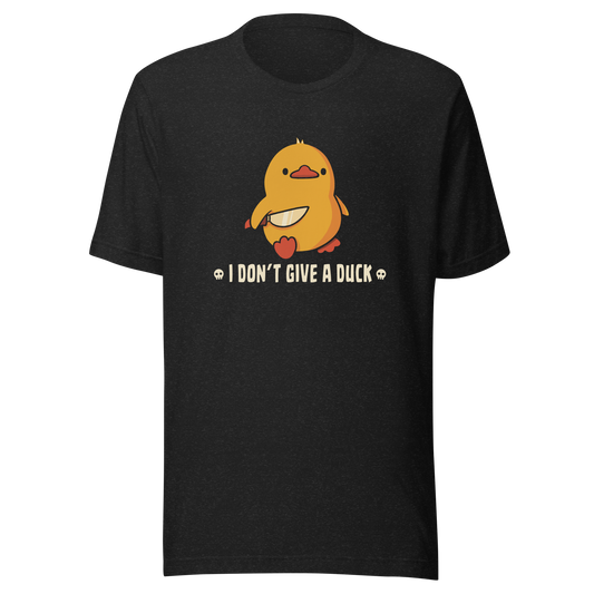 A cute yellow duck holding a small knife, around it the text "I Don't Give a Duck". An art that mixes humor with the temperament of ducks.