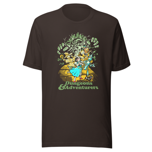 Fantasy-inspired adventure design featuring classic storybook characters on a dungeon quest. Retro comic style artwork with dark fantasy elements and vintage textures.