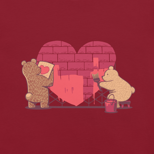 A cute illustration of two bears building and painting a heart, symbolising care, teamwork, and nurturing love. A sweet and playful design, perfect for Valentine’s Day and for anyone who believes love is something you create together.