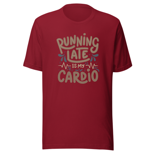 A playful hand-lettered typography design featuring the phrase “Running Late Is My Cardio,” with heartbeat lines and dynamic accents on the background. The artwork jokes that being late is the only form of exercise, poking fun at rushed mornings and chaotic routines with lighthearted humor. Ideal for chronically late people and anyone who loves good humor.