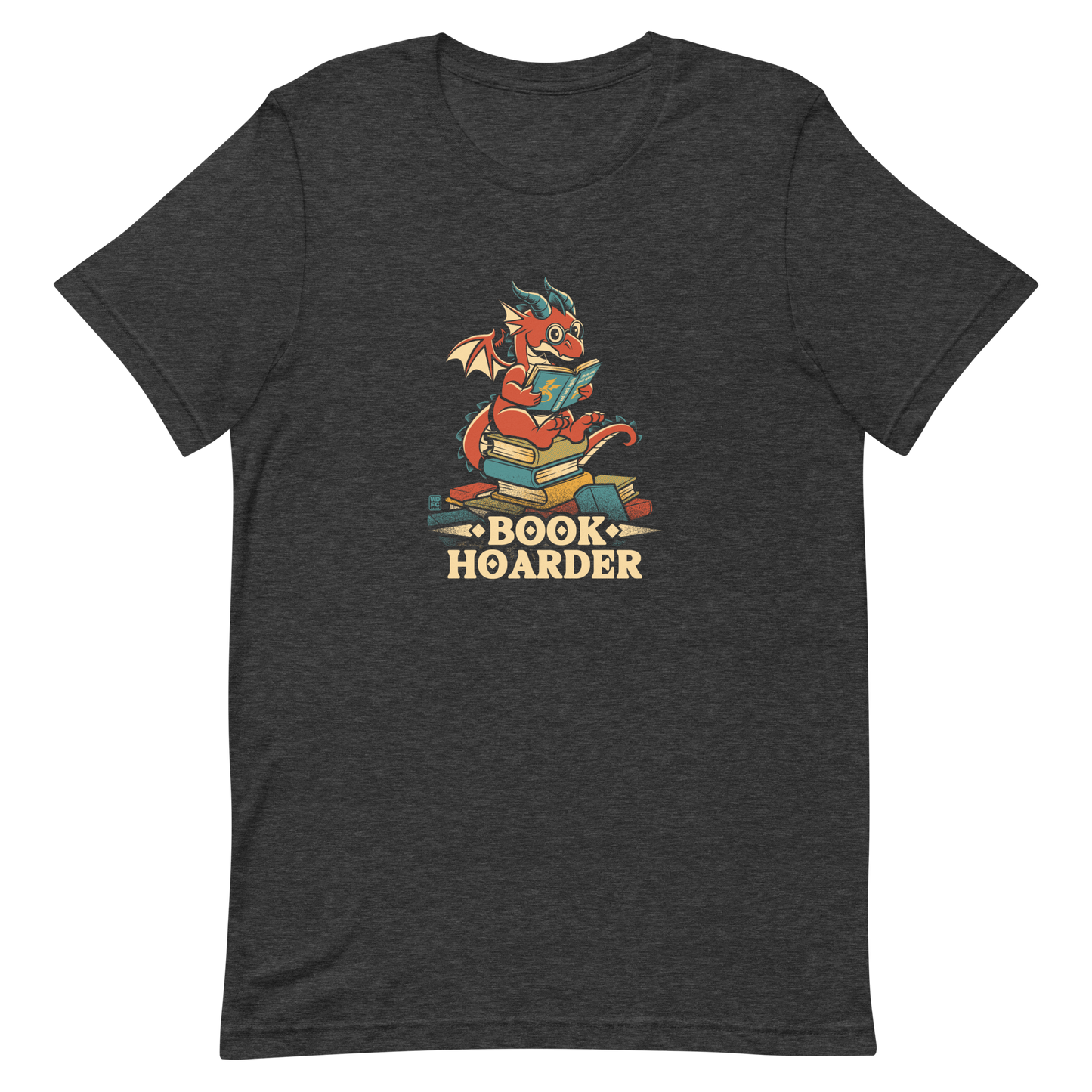 Perched atop his treasure trove of books, this red nerdy dragon is ready to devour epic adventures, magic tales, and fantasy worlds. The words 'BOOK HOARDER' are placed at the bottom of the design.