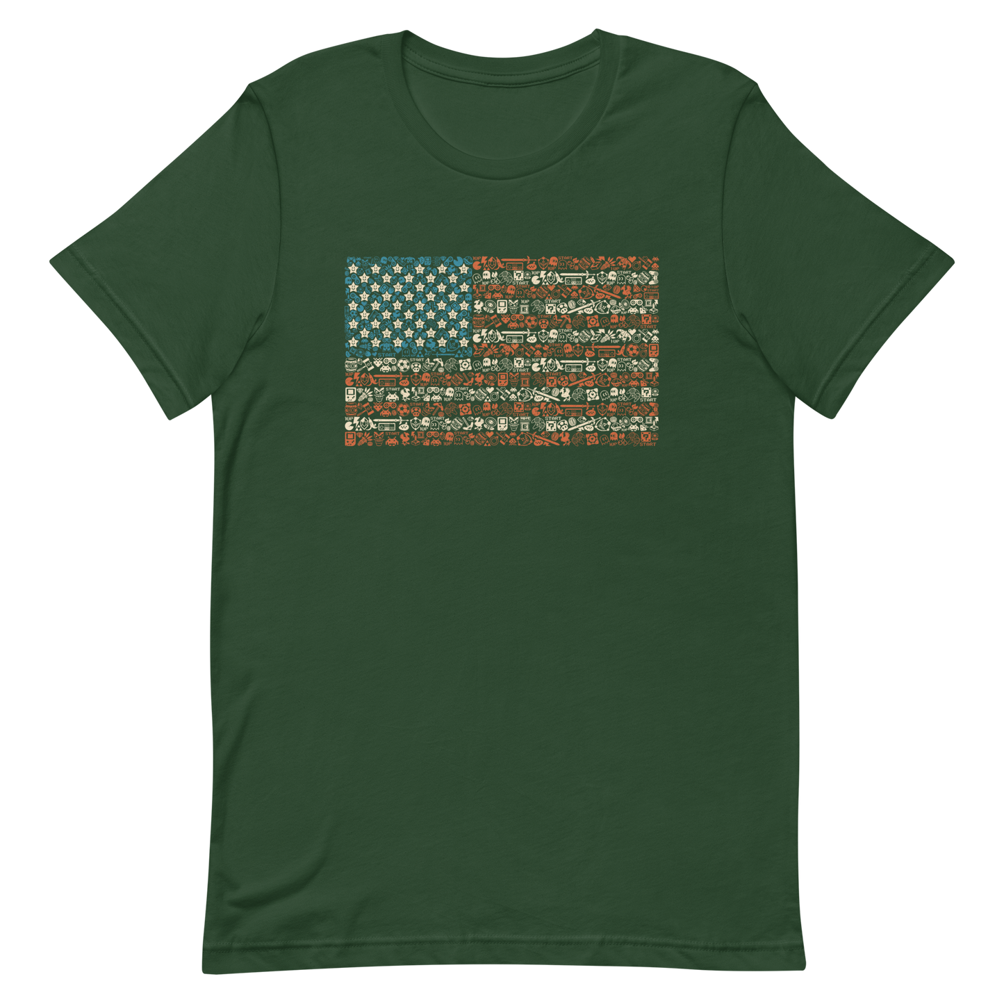 American flag illustration made entirely of retro video game icons, controllers, characters, and symbols in blue, red, and beige, arranged to form the stars and stripes.