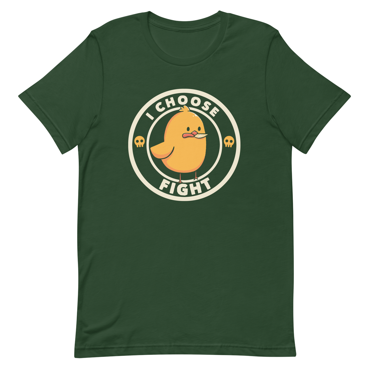 A cute, cartoonish yellow chick stands confidently with a determined look, holding a small knife in its beak. The text 'I CHOOSE FIGHT' encircles the chick, and two small skulls flank the image, adding a humorous, rebellious touch.