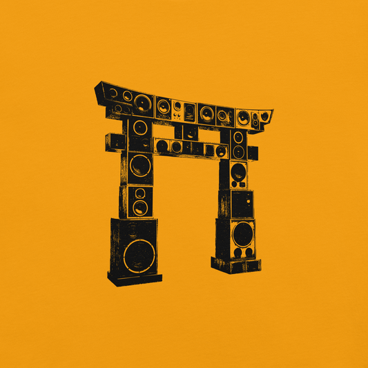 A traditional Japanese torii gate built entirely out of stacked speakers stands bold on a vibrant background. This design fuses sacred architecture with sound system culture to create a powerful visual mashup. Perfect for DJs, music lovers, streetwear fans, and anyone who vibes with loud art and cultural blends.