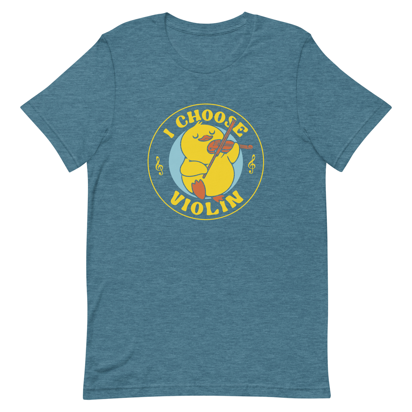 The design features a cute yellow duckling playing a violin with eyes closed in bliss. It is encircled by the phrase 'I Choose Violin' with musical notes on either side. The style is playful and cartoony, giving a warm, humorous vibe.