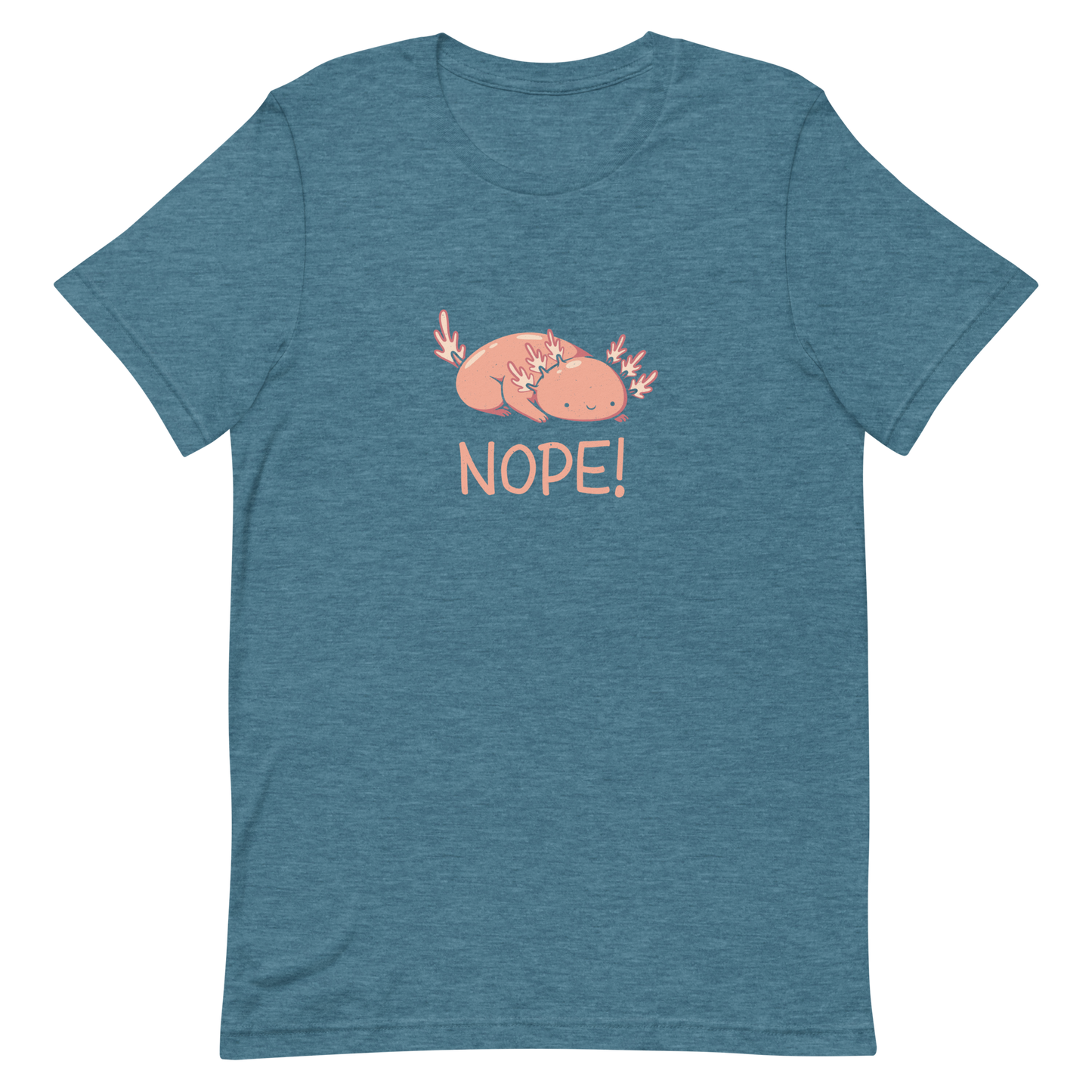 An artwork featuring a lazy pink axolotl creature with a big "NOPE" attitude. Perfect for expressing your inner lazy mood in the cutest way. Ideal for fans of adorable animals, pastel aesthetics, and funny cartoon designs.