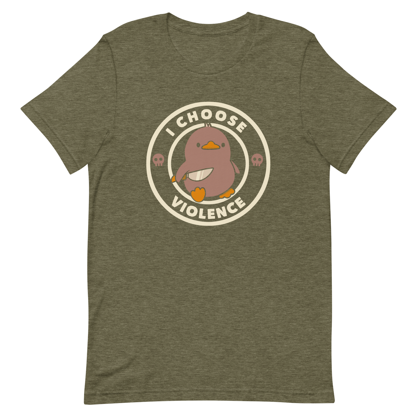 A cute, cartoon-style mocha mousse color duckling stands confidently holding a large knife in its wing. The duckling is encircled by text saying 'I CHOOSE VIOLENCE' in bold white letters. Small skull symbols flank the chick on either side, adding a touch of humor and irony to the otherwise adorable drawing.