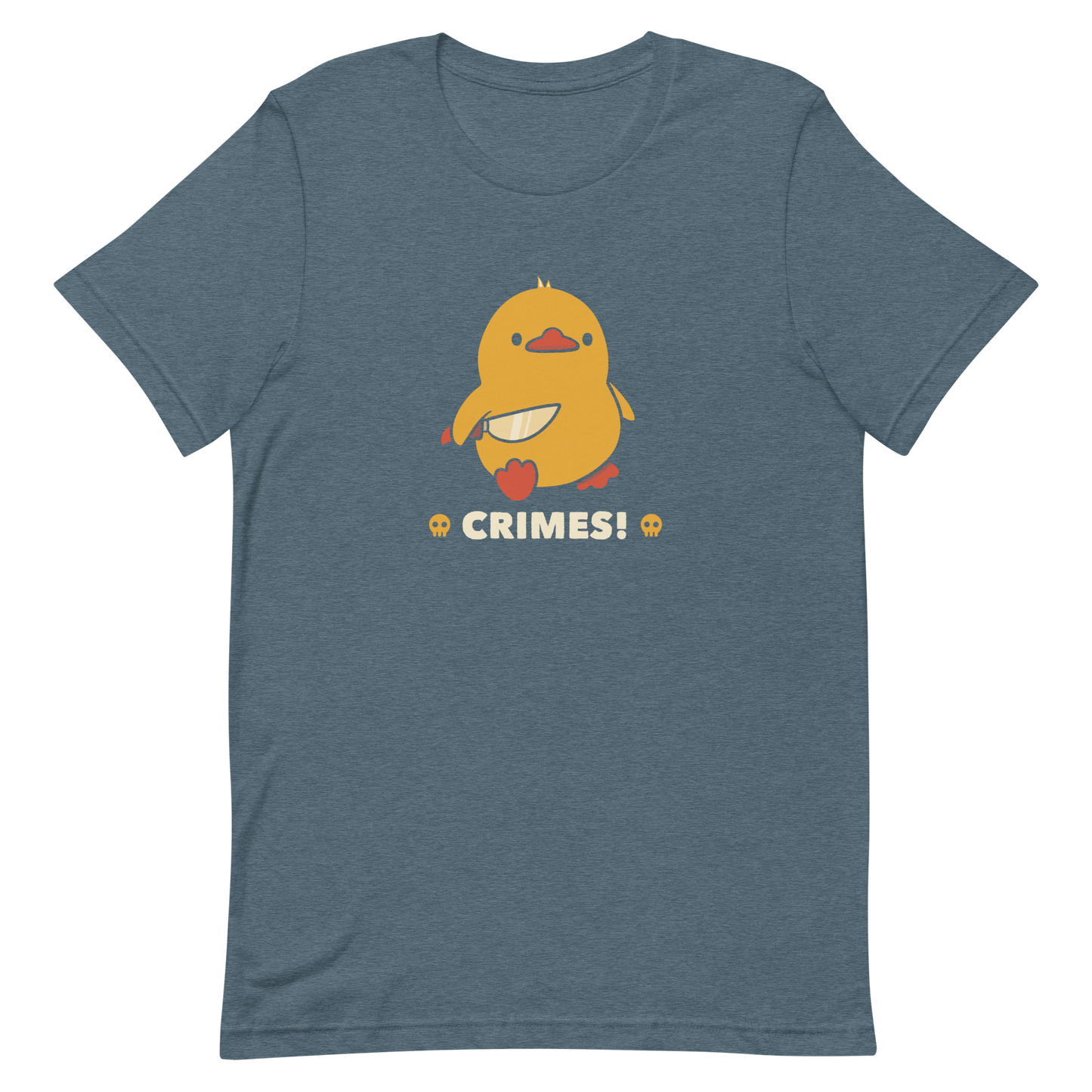 A cute yellow duck holding a small knife, with the text "Crimes" below it. This artwork blends humor with the ducks' temperament.