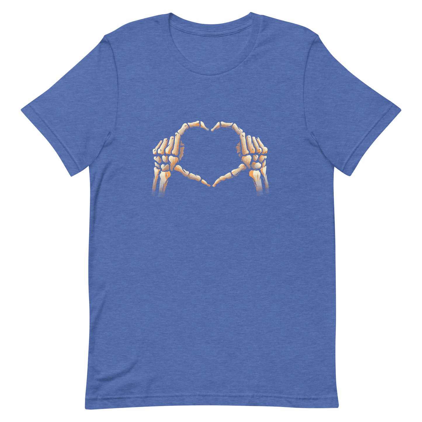 Two skeleton hands forming a heart with their fingers, an art that combines humor with love and is perfect for those who love Halloween.