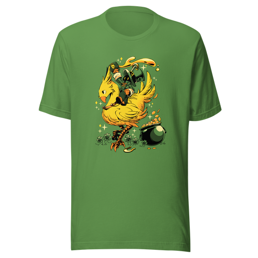 A fun and magical St. Patrick’s Day illustration featuring a tiny wizard dressed like a leprechaun riding a golden bird while holding a mug of beer.