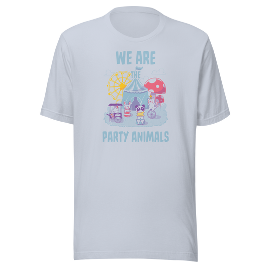 A surreal and adorable circus scene featuring various animals, such as chickens, cats, and pandas, accompanied by the phrase ‘We Are The Party Animals’. A playful kawaii-style design for anyone who loves animals and the magic of the circus.