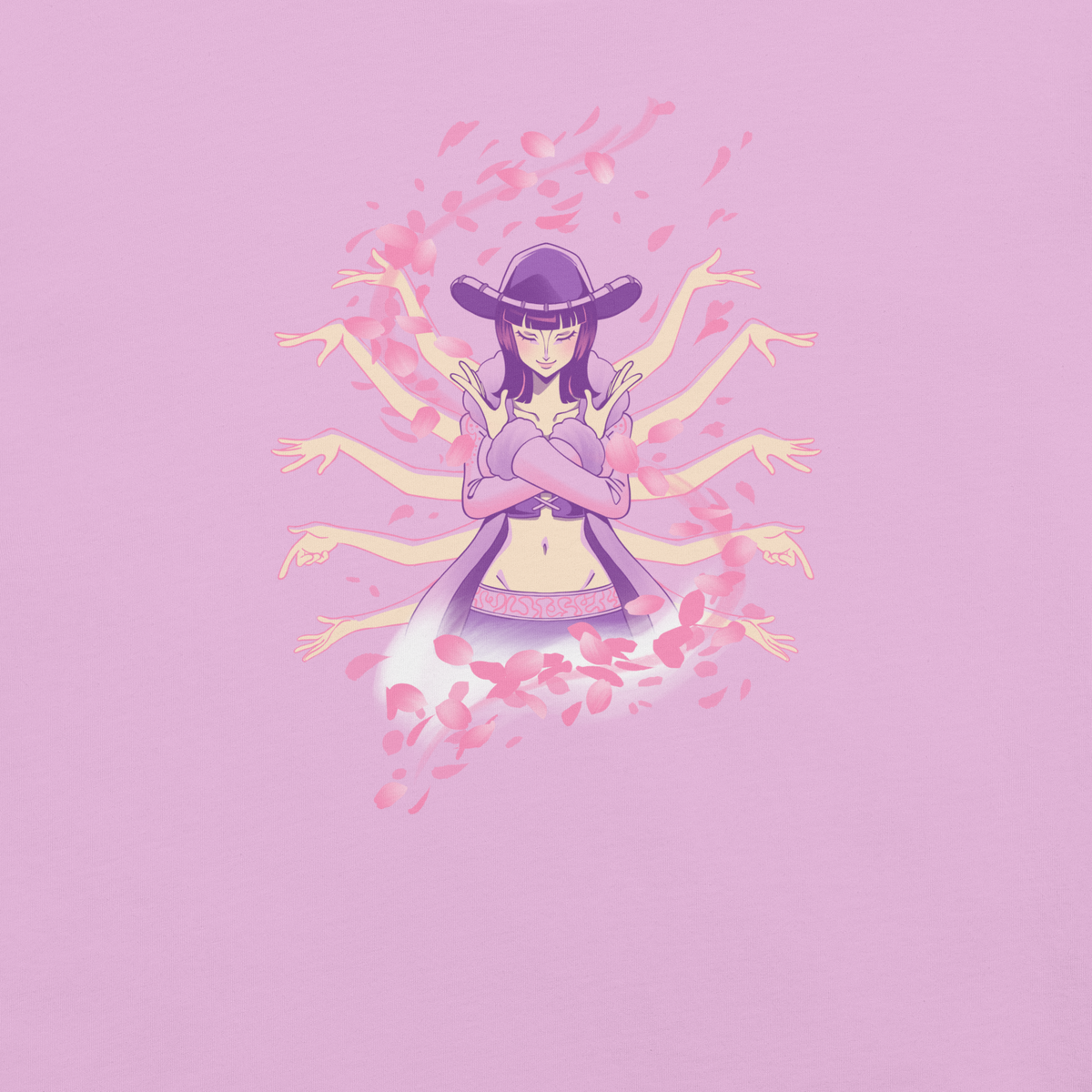 An elegant anime-inspired woman with multiple arms moves through swirling cherry blossom petals, blending grace, mystery, and soft pastel power in a striking decorative composition.