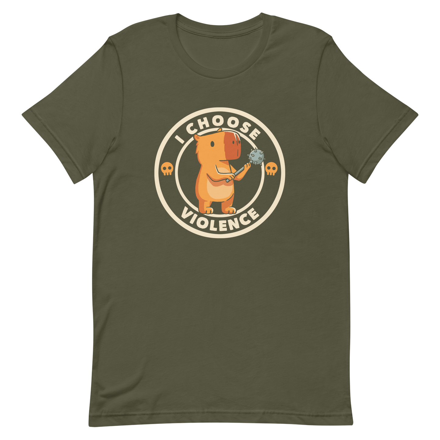 A cute, cartoonish burnt yellow capybara stands holding a spiked mace with a determined expression. Surrounding it is a circular design with the text 'I CHOOSE VIOLENCE' and two small skulls on either side, giving it a humorous yet ironic tone.