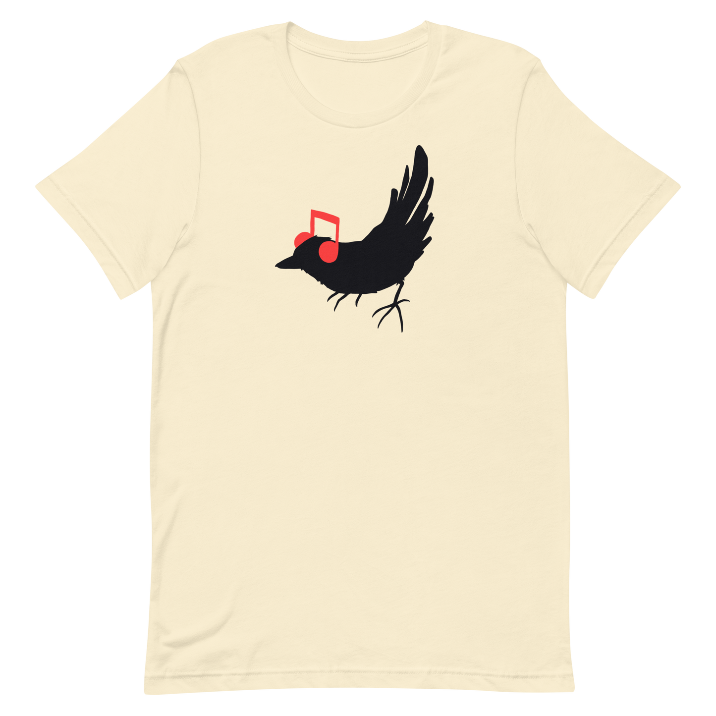 The drawing is a black silhouette of a bird in profile, standing on the ground, with bright red musical notes positioned like headphones over its ears, creating a whimsical and playful contrast. The drawing is simple, using solid colors and minimal details, giving it a modern and fun feel suitable for various merchandise like t-shirts, stickers, coffee cups, and skateboards.