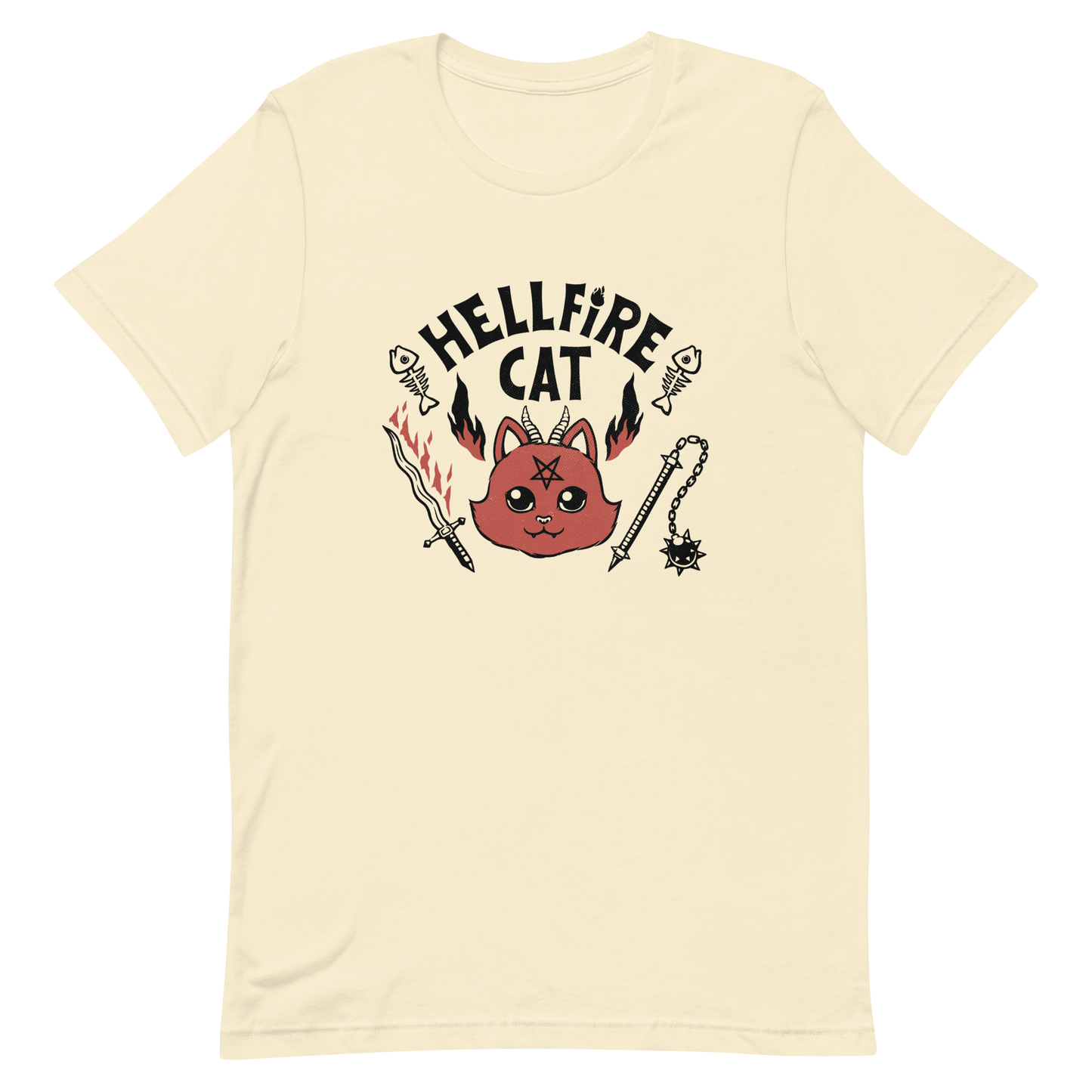 Vintage-style illustration of a cute red devil cat with small horns and a pentagram on its forehead, surrounded by flames, weapons, fish skeletons, and the bold phrase “Hellfire Cat” in a playful gothic design.