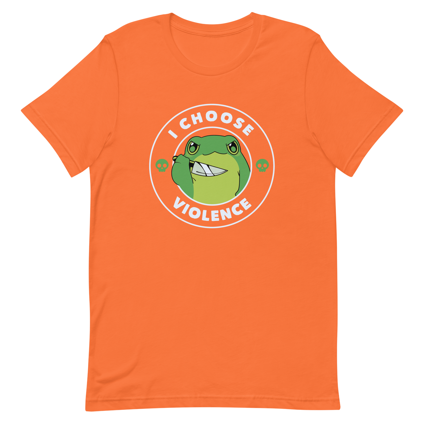 A charming, cartoon-style green frog holds a knife in its hand with a playful yet fierce expression. Encircled by bold text, 'I CHOOSE VIOLENCE,' the design mixes humor with an edge. Two small skulls flank the frog, adding a quirky, rebellious touch to the image. The overall effect balances cuteness and irony in a memorable way.
