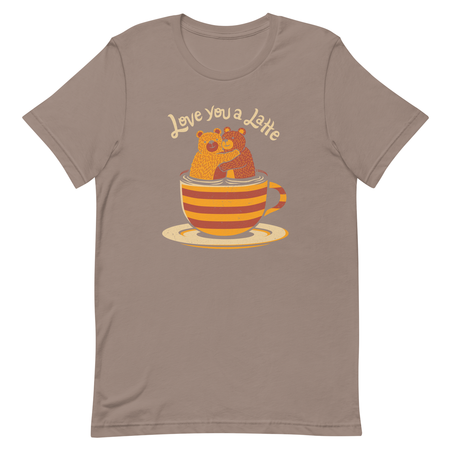 A cute Valentine’s Day illustration featuring two teddy bears hugging inside a cup of black coffee, paired with the phrase “I Love You a Latte”. A sweet and cosy design for coffee lovers, bear fans, and anyone who enjoys playful, romantic humour.