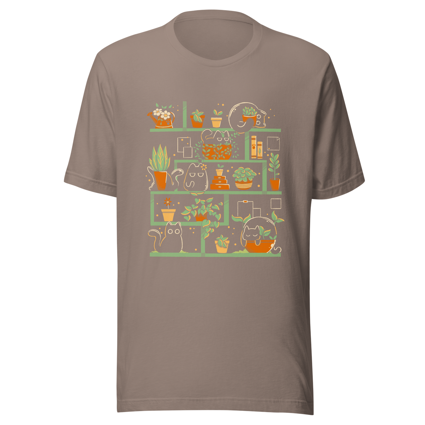A minimalist illustration of a charming bookcase filled with lush potted plants and adorable kittens nestled among them. A cute and funny design, perfect for cat lovers, plant enthusiasts, and cosy decor fans.