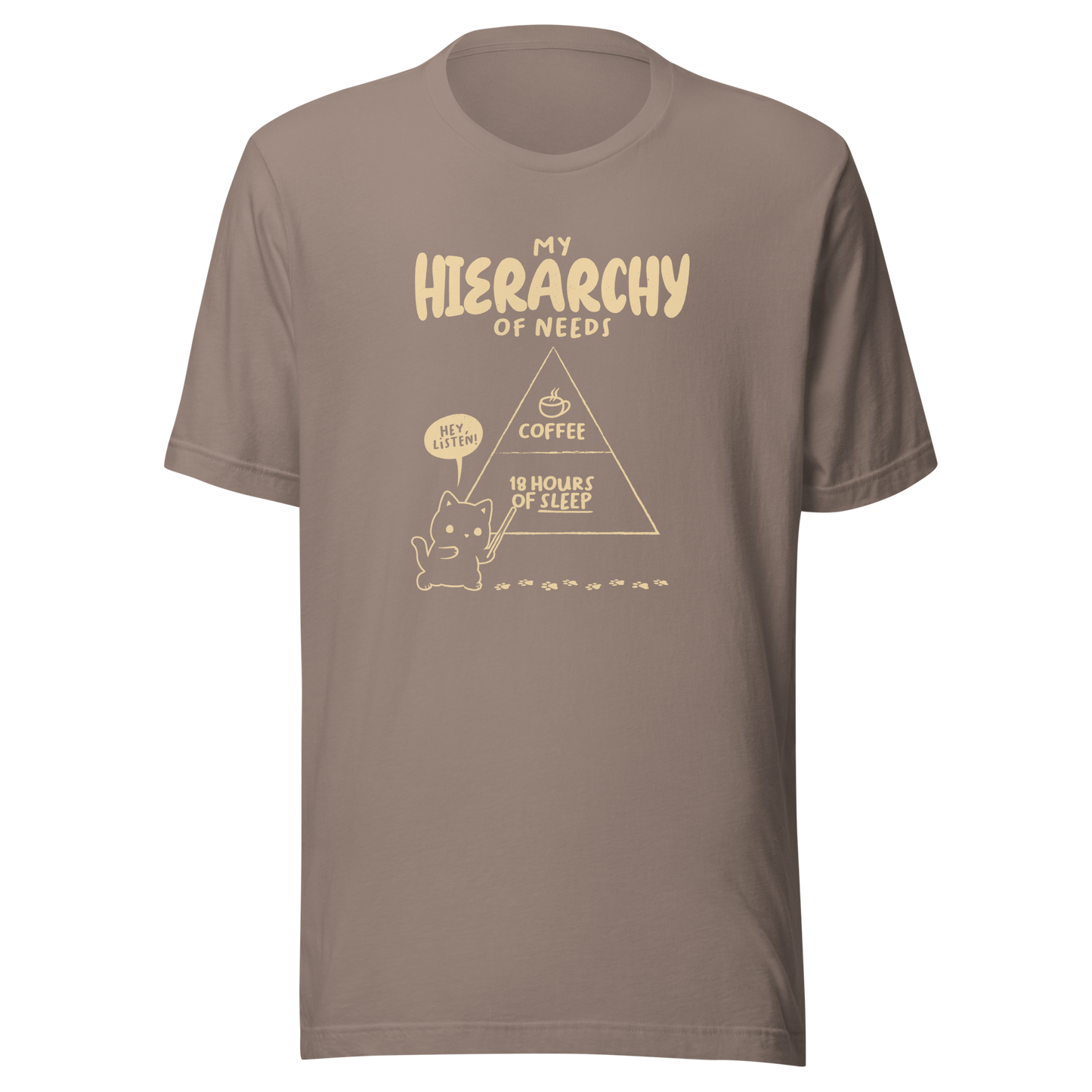 A playful illustration of a cat holding a pointer and presenting its own hierarchy of needs on a triangle chart, with coffee at the very top and 18 hours of sleep right below. A humorous piece for cat lovers who know exactly what really matters.