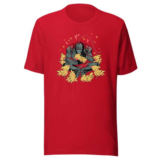 A dark armored warrior sits cross-legged, gently cuddling a group of fluffy yellow birds. Pink hearts and golden sparkles surround the unlikely duo, creating a humorous contrast between a fierce appearance and a tender, affectionate side.