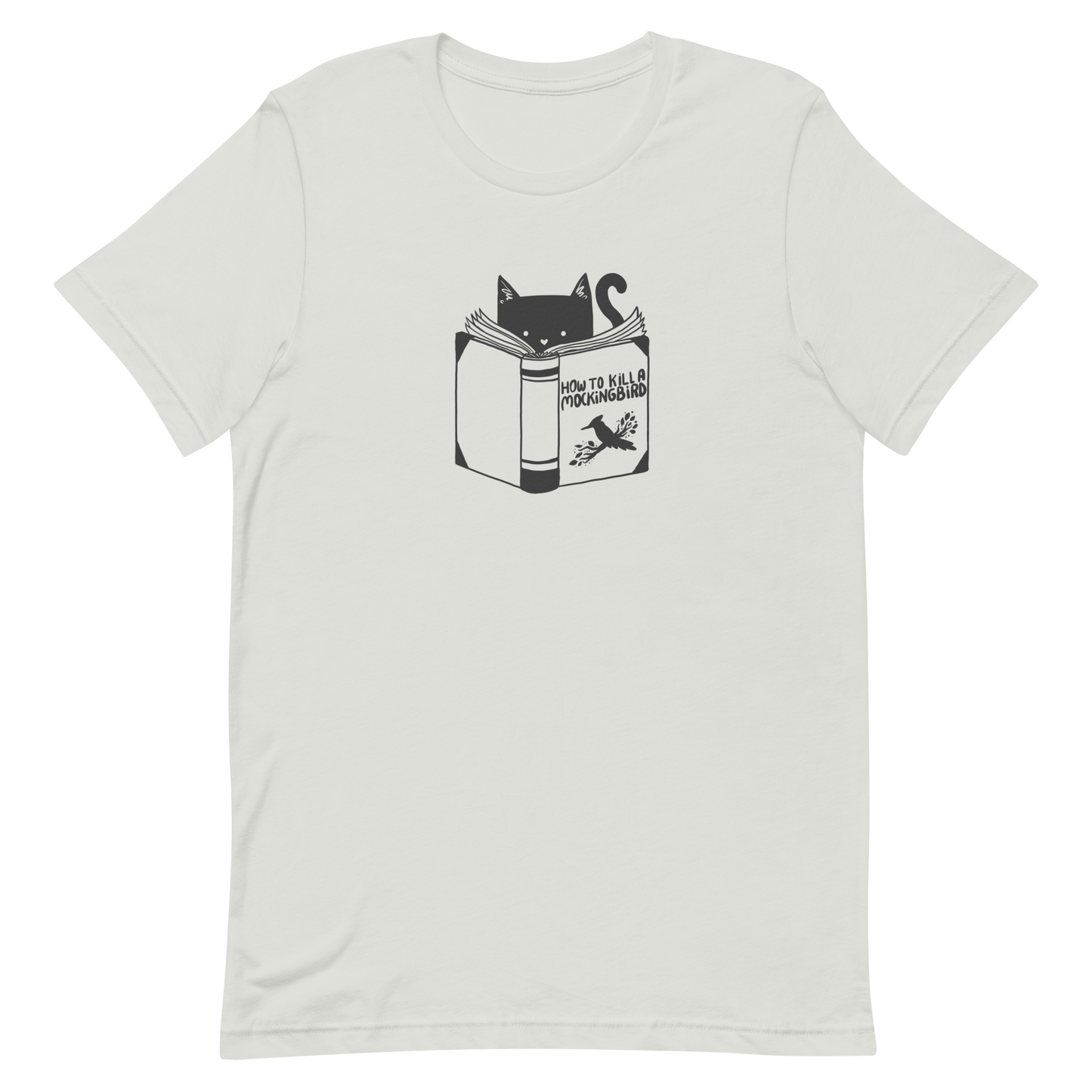 A black and white illustration features a cat peeking over an open book titled 'How to Kill a Mockingbird,' playfully altering the classic novel's title. The cat has a heart-shaped nose and simple, cute facial features. The design is whimsical and ironic, combining classic literature with a humorous twist.