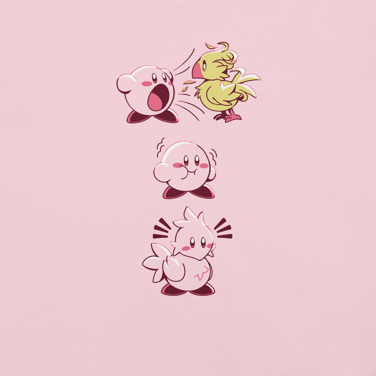 A round character swallows a yellow bird, puffs out its cheeks, and transforms into a bird-like shape, complete with wings and a tail. The three illustrations humorously depict each stage of the transformation.