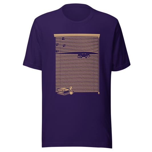 A Venetian blind with a stack of books in front of it and a small black cat peeking through a gap as if spying on the outside world. A charming and playful piece of art, perfect for cat owners, book lovers, and anyone who enjoys cozy, whimsical illustrations.