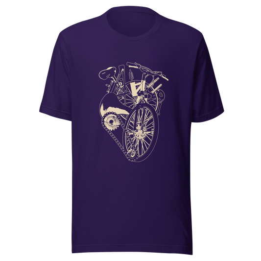 A single-colour artwork that forms an anatomical heart crafted entirely from bicycle parts, including wheels, handlebars, chains and other mechanical details. A clean and minimalist composition that blends creativity with a love for cycling. Perfect for cyclists, bike enthusiasts and anyone passionate about life on two wheels.