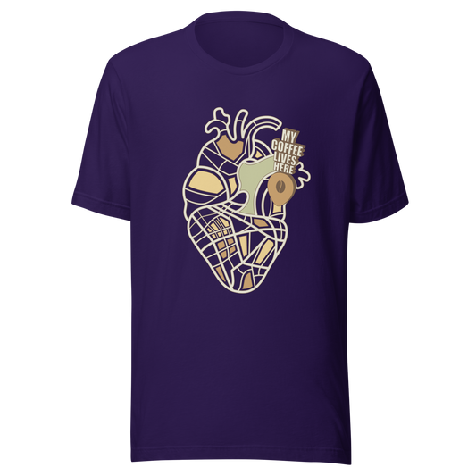 An anatomical heart illustrated like a map, marked with a small coffee-bean pin beside the phrase “My Coffee Lives Here”. A symbolic and cozy design that blends warmth and creativity, perfect for coffee lovers who treat their favorite brew as the fuel that keeps their heart beating.