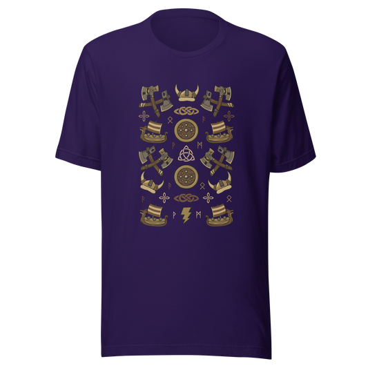 The artwork features a symmetrical illustration with axes, wooden shields, Viking helmets, longships, and runes in earthy tones on a dark background. Each element reinforces the classic Nordic aesthetic, blending iconic symbols with a detailed and super harmonious cartoon style. Perfect for fans of Viking culture, Norse mythology, RPGs, and anyone who loves prints with an epic and stylized vibe.