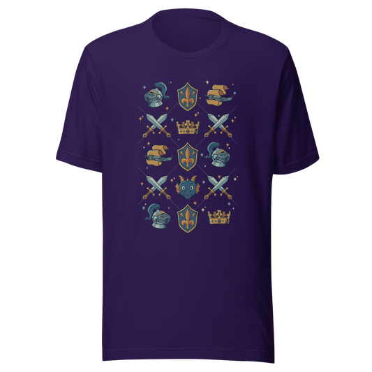 The artwork features swords, knight's helmets, crowns and dragons. Blending medieval fantasy with classic symbols of bravery, royalty, and magic, creating a strong and elegant composition. Ideal for fans of epic fantasy, knights, dragons, and anyone who loves prints with a heroic and stylish vibe.