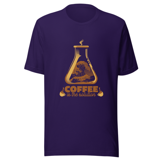 A stylized laboratory flask holding a powerful ocean wave, paired with bold retro typography reading ‘Coffee is the solution’. A playful design that blends science, humor, and coffee culture, perfect for coffee lovers, scientists, students, and anyone who believes caffeine solves most daily problems.