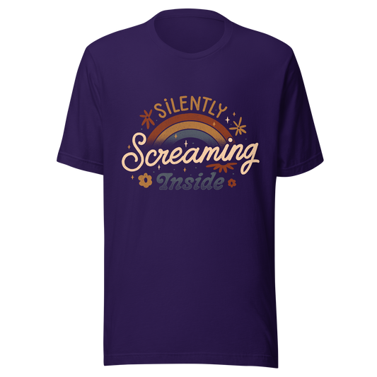 A fun and cute lettering design with a rainbow in the background and the phrase ‘Silently Screaming Inside’. The contrast between cheerful visuals and dark humour makes it perfect for those who cope with irony and sarcasm.