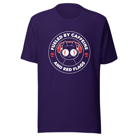 A stamp-style illustration of a black cat wearing headphones, featuring the phrase “Fueled by Caffeine and Red Flags”. A humorous and ironic design perfect for coffee lovers, chaotic souls, and anyone who embraces their red flags with style.