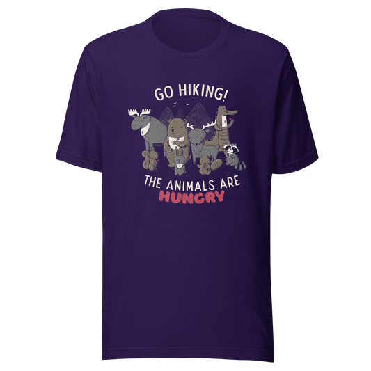 A playful nighttime illustration of cute animals gathered around a meal, holding utensils and napkins, ready to eat. Paired with the humorous phrase “Go Hiking! The Animals Are Hungry”, this whimsical design is perfect for animal lovers, fans of ironic humour, and anyone who enjoys fun art with a cheeky twist.