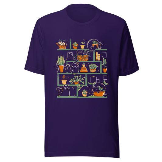 A minimalist illustration of a charming bookcase filled with lush potted plants and adorable kittens nestled among them. A cute and funny design, perfect for cat lovers, plant enthusiasts, and cosy decor fans.