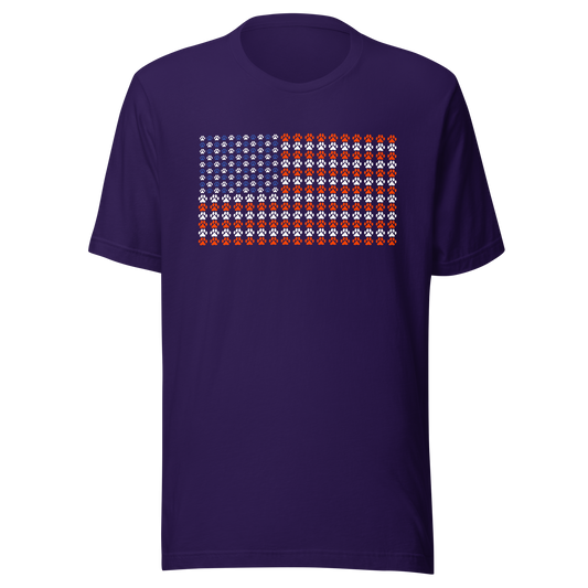 An artistic reinterpretation of the United States flag formed entirely by countless small paw prints. Blending patriotism with pet love, this creative design celebrates animal lovers, dogs, cats, and the special bond between people and their furry companions.